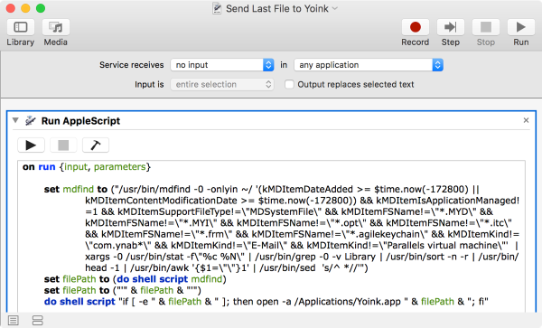 Screenshot of Automator Workflow for Yoink